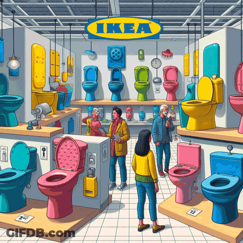 A Cartoon Illustration Of People Shopping For Toilets At Ikea GIF