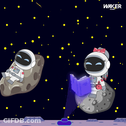 A Cartoon Illustration Of Two Astronauts Reading A Book GIF