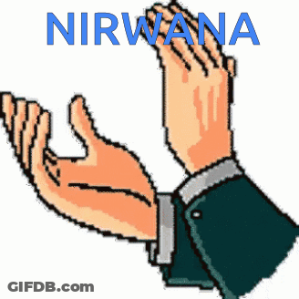 A Cartoon Illustration Of Two Hands Clapping With The Word Nirvana In Blue GIF