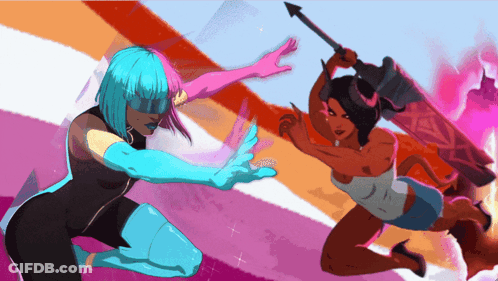 A Cartoon Illustration Of Two Women Fighting With A Sword GIF