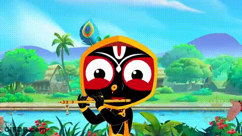 A Cartoon Krishna Is Playing A Flute In A Garden . GIF