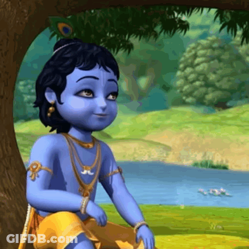 A Cartoon Krishna Is Sitting Under A Tree Near A River GIF