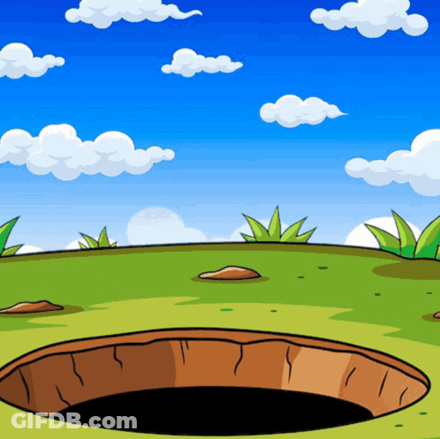 A Cartoon Landscape With A Hole In The Ground And A Blue Sky With Clouds GIF
