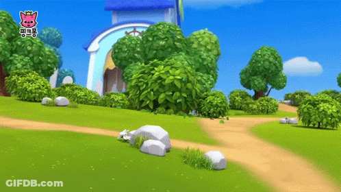 A Cartoon Landscape With A Pink Cat On The Bottom Left GIF