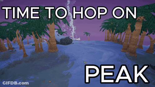 A Cartoon Landscape With The Words Time To Hop On Peak On The Bottom GIF