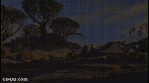 A Cartoon Landscape With Trees And Rocks In The Background GIF