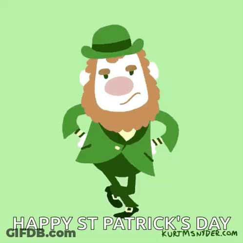 A Cartoon Leprechaun Dancing With The Words Happy St Patrick 'S Day Written Below Him GIF