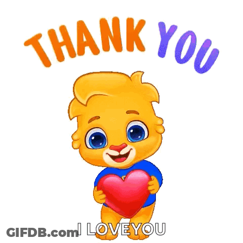 A Cartoon Lion Is Holding A Heart And Saying `` Thank You '' . GIF