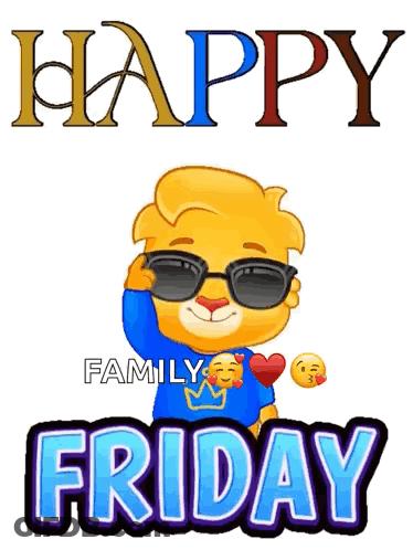 A Cartoon Lion Wearing Sunglasses And A Blue Shirt Says Happy Friday GIF
