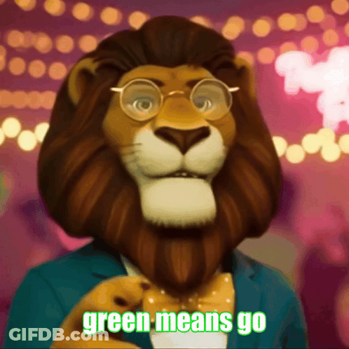 A Cartoon Lion With Glasses And A Bow Tie Says Green Means Go GIF