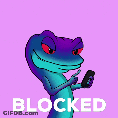 A Cartoon Lizard Is Holding A Cell Phone And Giving A Thumbs Up With The Word Blocked Below It GIF