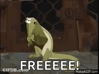 A Cartoon Lizard Is Standing In Front Of A Fence With The Words `` Freeeee '' Written On It . GIF