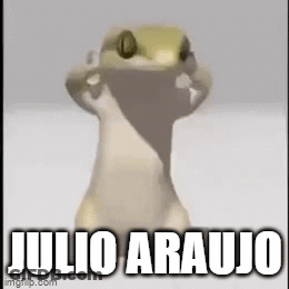 A Cartoon Lizard Is Standing In Front Of A White Background With The Words Julio Araujo Written On It . GIF