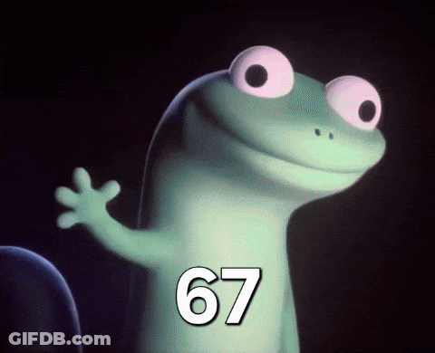 A Cartoon Lizard With The Number 67 On It 'S Chest GIF