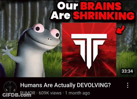 A Cartoon Lizard With The Words Our Brains Are Shrinking Next To It GIF