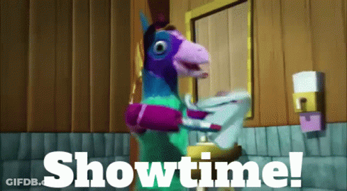 A Cartoon Llama Is Standing In Front Of A Mirror With The Words Showtime Written Below It GIF