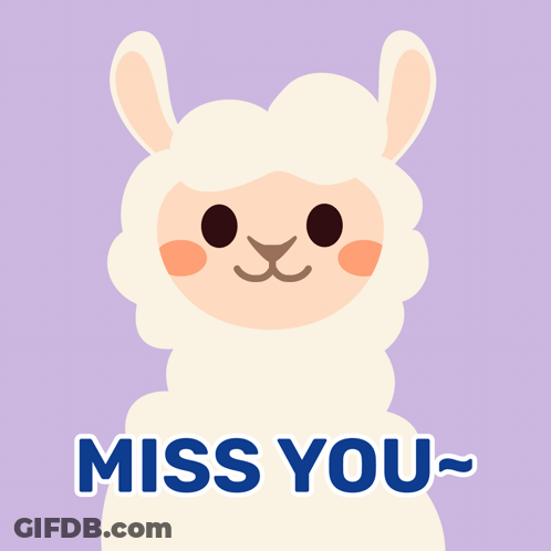 A Cartoon Llama Says " Miss You " In Blue Letters GIF