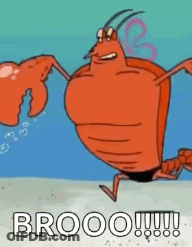 A Cartoon Lobster Is Running On The Beach With The Words `` Brooo '' Written On The Bottom . GIF