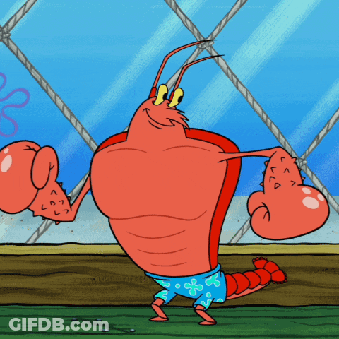 A Cartoon Lobster With A Tattoo Of Y On His Arm GIF