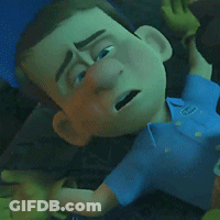 A Cartoon Man In A Blue Shirt Is Laying Down And Looking At Something GIF