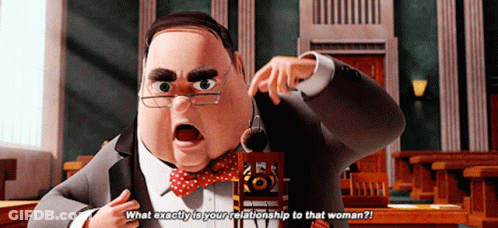 A Cartoon Man In A Suit And Bow Tie Is Asking What Exactly Is Your Relationship To That Woman GIF