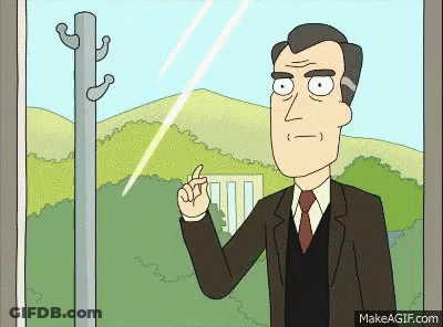 A Cartoon Man In A Suit And Tie Is Looking Out Of A Window And Pointing . GIF