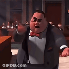 A Cartoon Man In A Suit And Tie Is Raising His Arms In The Air In A Courtroom GIF