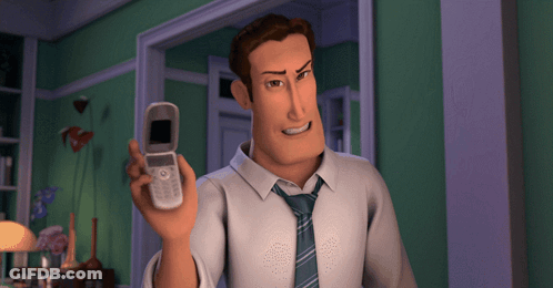 A Cartoon Man In A White Shirt And Tie Is Holding A Flip Phone GIF