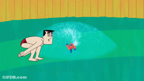 A Cartoon Man In Red Swim Trunks Stands In Front Of A Sprinkler GIF
