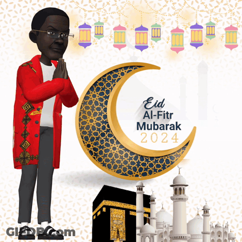 A Cartoon Man Is Praying In Front Of A Crescent Moon That Says ' Eid Al-Fitr Mubarak 2024 ' GIF