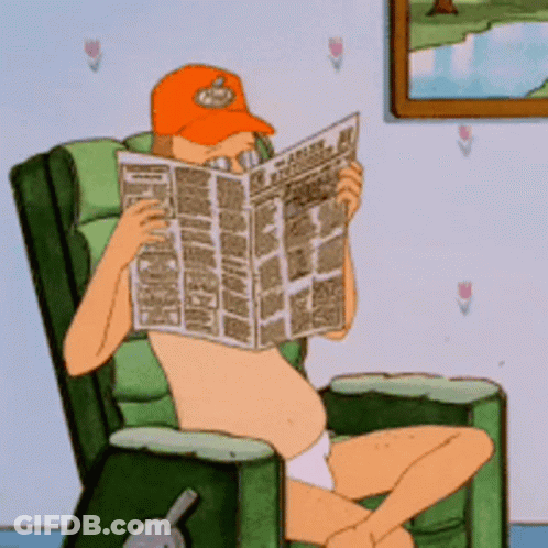 A Cartoon Man Is Reading A Newspaper While Wearing A Hat That Says ' King Of The Hill ' On It GIF