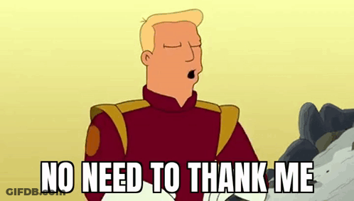 A Cartoon Man Is Saying `` No Need To Thank Me '' While Standing Next To A Pile Of Rocks . GIF