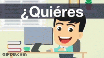 A Cartoon Man Is Sitting At A Desk In Front Of A Computer With The Words Quieres Above Him GIF