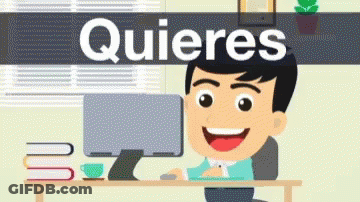 A Cartoon Man Is Sitting At A Desk In Front Of A Computer With The Words Quieres Behind Him GIF