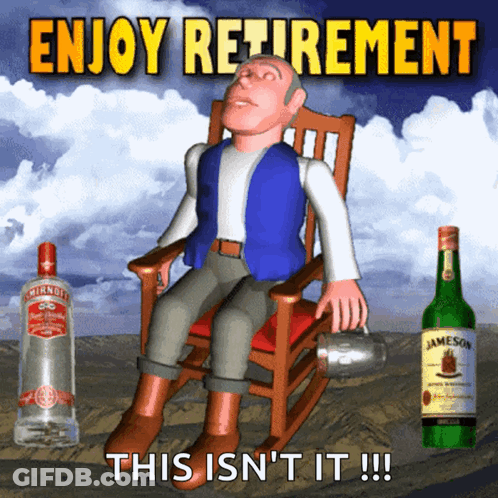 A Cartoon Man Is Sitting In A Rocking Chair With A Bottle Of Jameson Behind Him GIF
