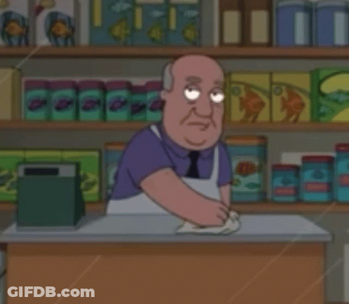 A Cartoon Man Is Standing Behind A Counter In A Store GIF