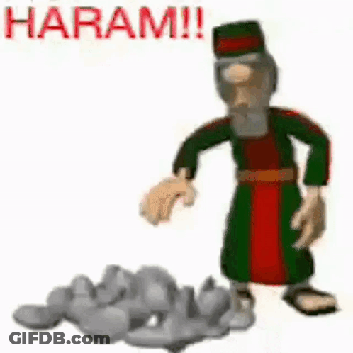 A Cartoon Man Is Throwing A Rock At A Pile Of Rocks And The Word Haram Is On The Bottom . GIF