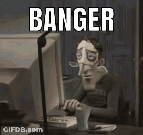 A Cartoon Man Sitting In Front Of A Computer With The Word Banger Written On The Screen GIF