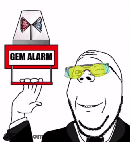A Cartoon Man Wearing Sunglasses Is Holding A Red Sign That Says Gem Alarm GIF