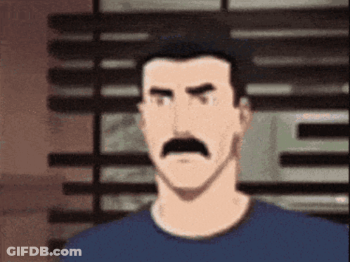 A Cartoon Man With A Mustache And A Blue Shirt Is Looking At The Camera . GIF