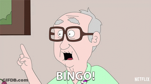 A Cartoon Man With Glasses Is Pointing Up And Saying " Bingo " GIF