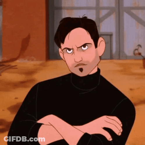 A Cartoon Man With His Arms Crossed Is Wearing A Black Turtleneck Sweater And Making An Angry Face . GIF
