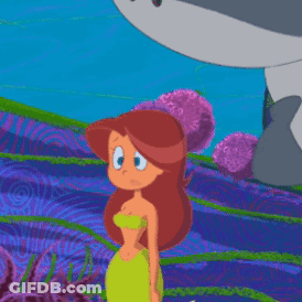 A Cartoon Mermaid With A Star In Her Hair Stands Next To A Shark GIF