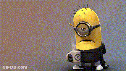A Cartoon Minion Holding A Cup Of Coffee And A Pencil GIF