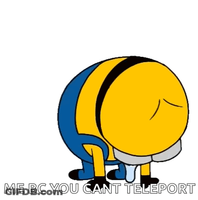 A Cartoon Minion Is Crying With Tears Coming Out Of His Eyes And The Words `` Me Bc You Cant Teleport '' . GIF