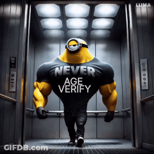 A Cartoon Minion Wearing A Shirt That Says Never Age Verify GIF