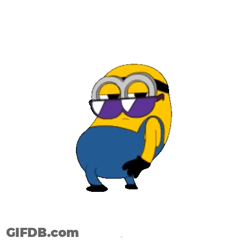 A Cartoon Minion Wearing Sunglasses And Blue Overalls Is Dancing . GIF