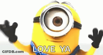 A Cartoon Minion With A Big Eye Is Waving His Arms In The Air And Says `` Love Ya '' . GIF
