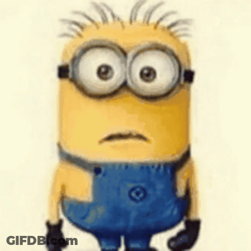 A Cartoon Minion With Big Eyes And A Mustache Is Wearing Blue Overalls And Glasses . GIF
