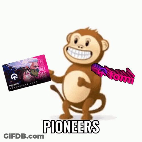 A Cartoon Monkey Holding A Card That Says Pioneers GIF